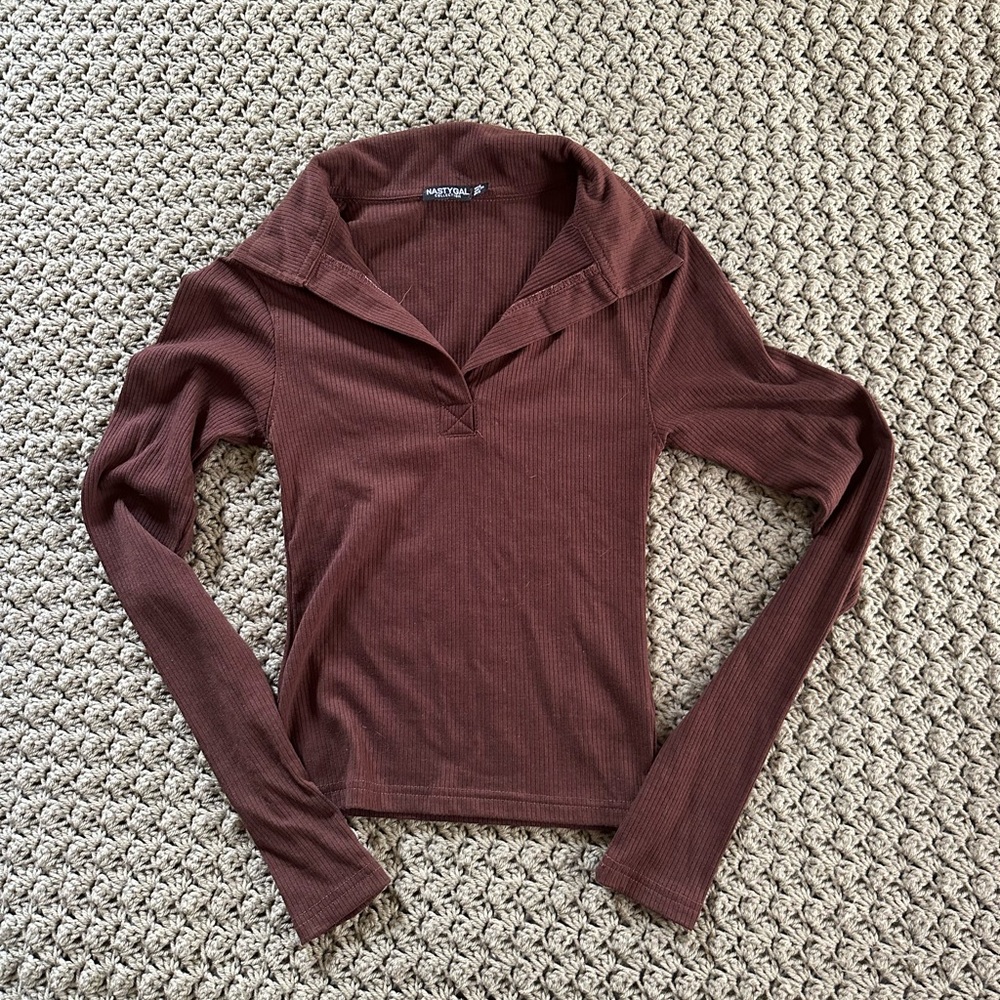 Nasty Gal Ribbed Collar V Neck Long Sleeve Top